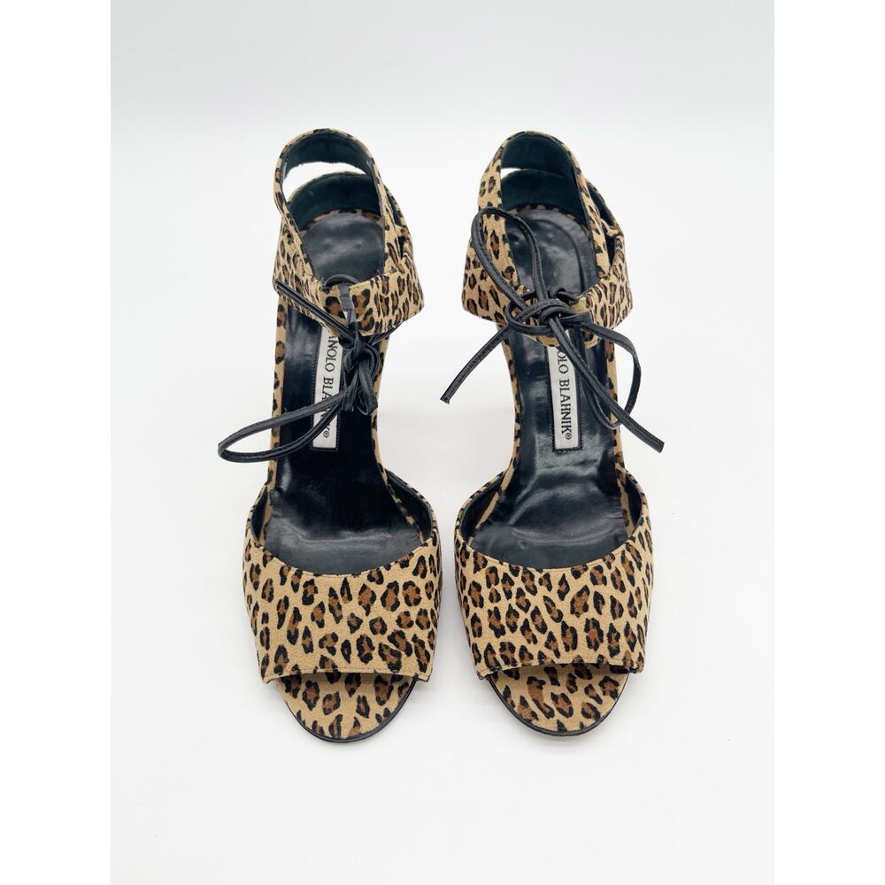Manolo Blahnik Vintage y2k Leopard Print Suede Lace Up Ankle Strap Heels IT 38 - Picture 7 of 12